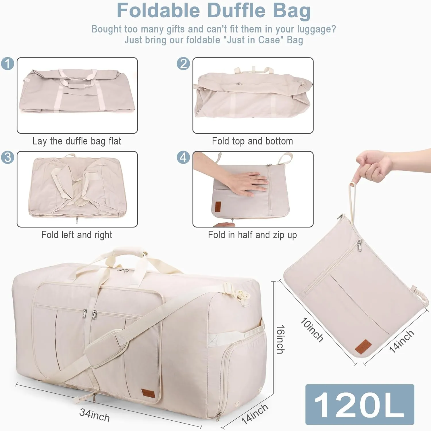 120L Travel Duffle Bag for Men and Women, Urtala 34 Large Duffle Bag for Traveling with Shoe Compartment, Foldable Duffel Bag Water & Tear Resistant (Beige)