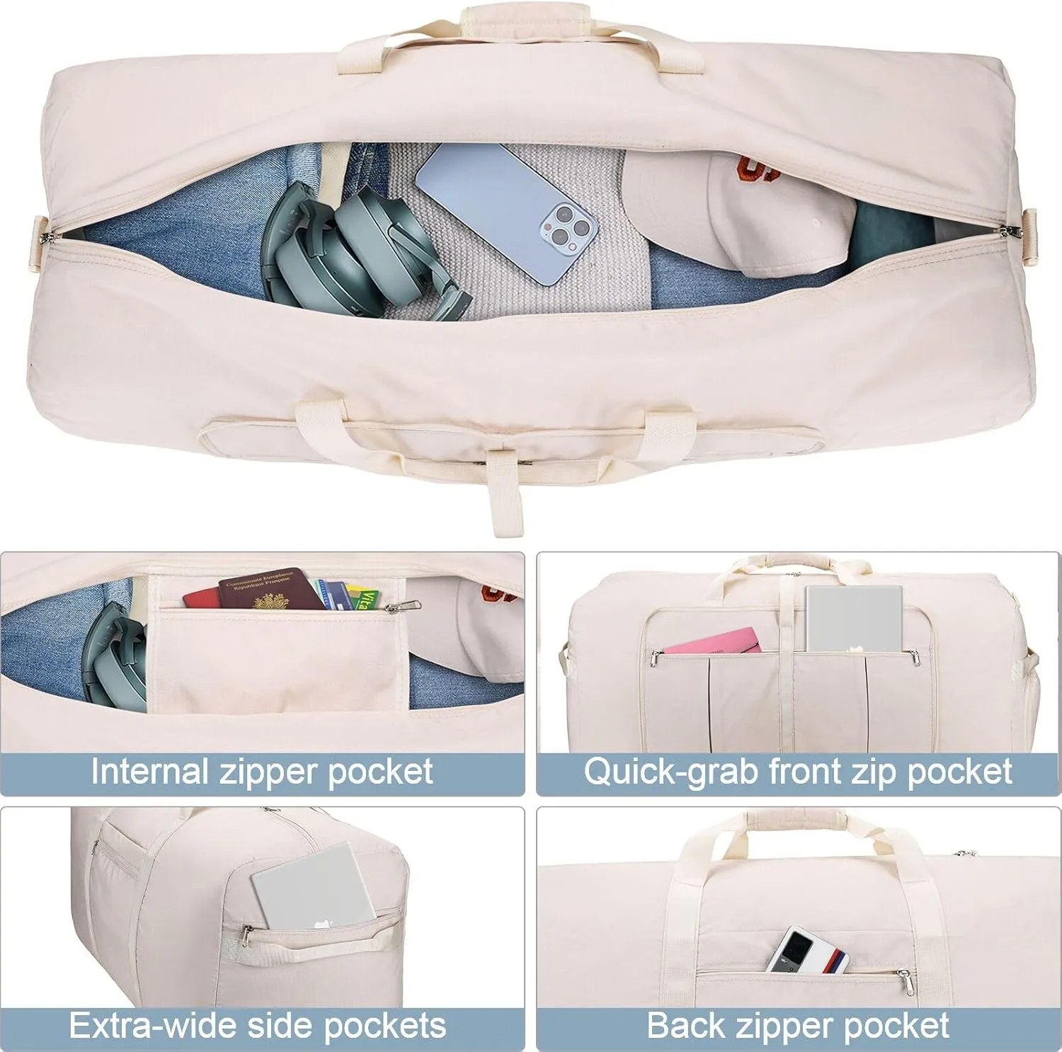 120L Travel Duffle Bag for Men and Women, Urtala 34 Large Duffle Bag for Traveling with Shoe Compartment, Foldable Duffel Bag Water & Tear Resistant (Beige)
