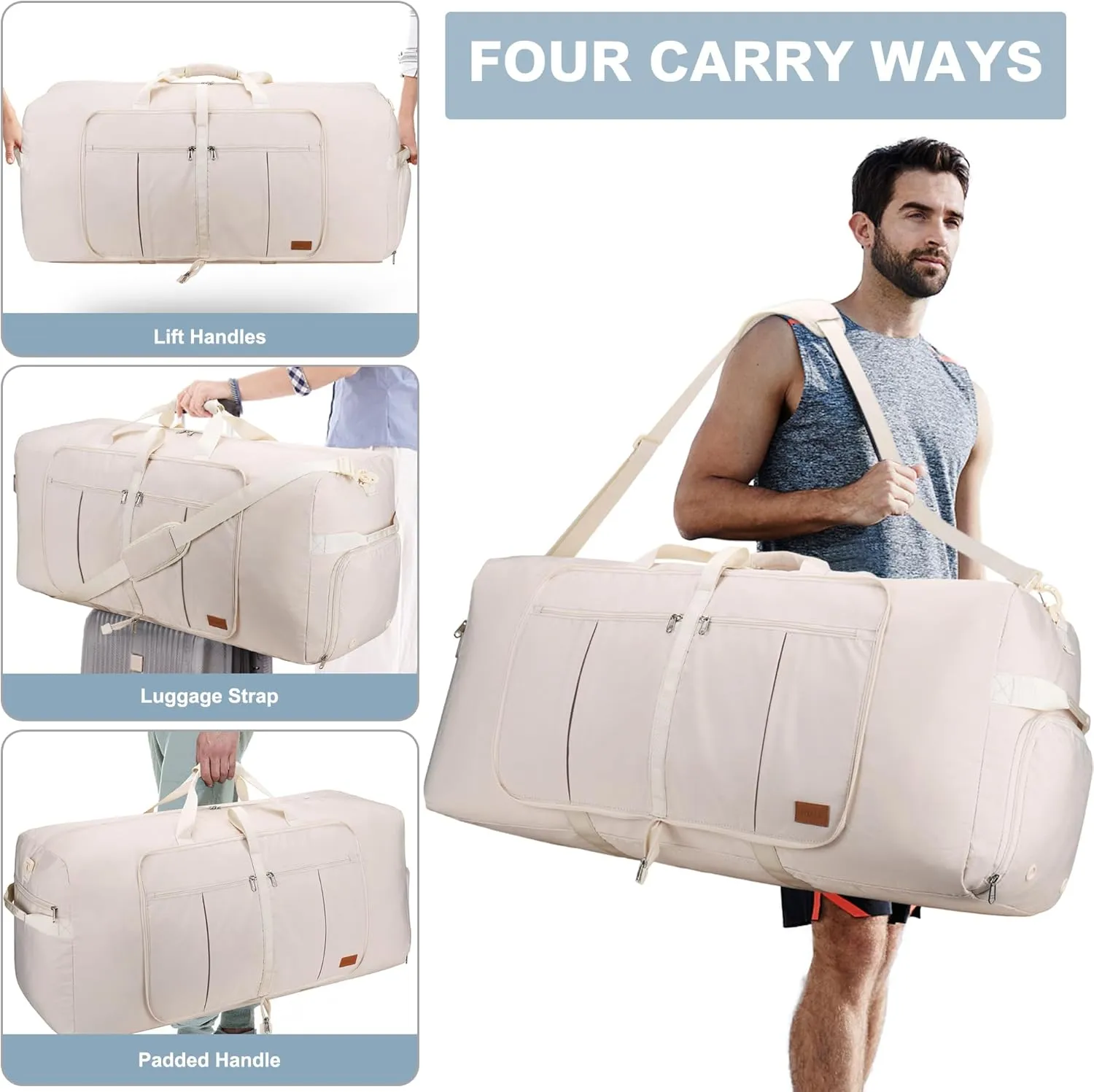 120L Travel Duffle Bag for Men and Women, Urtala 34 Large Duffle Bag for Traveling with Shoe Compartment, Foldable Duffel Bag Water & Tear Resistant (Beige)