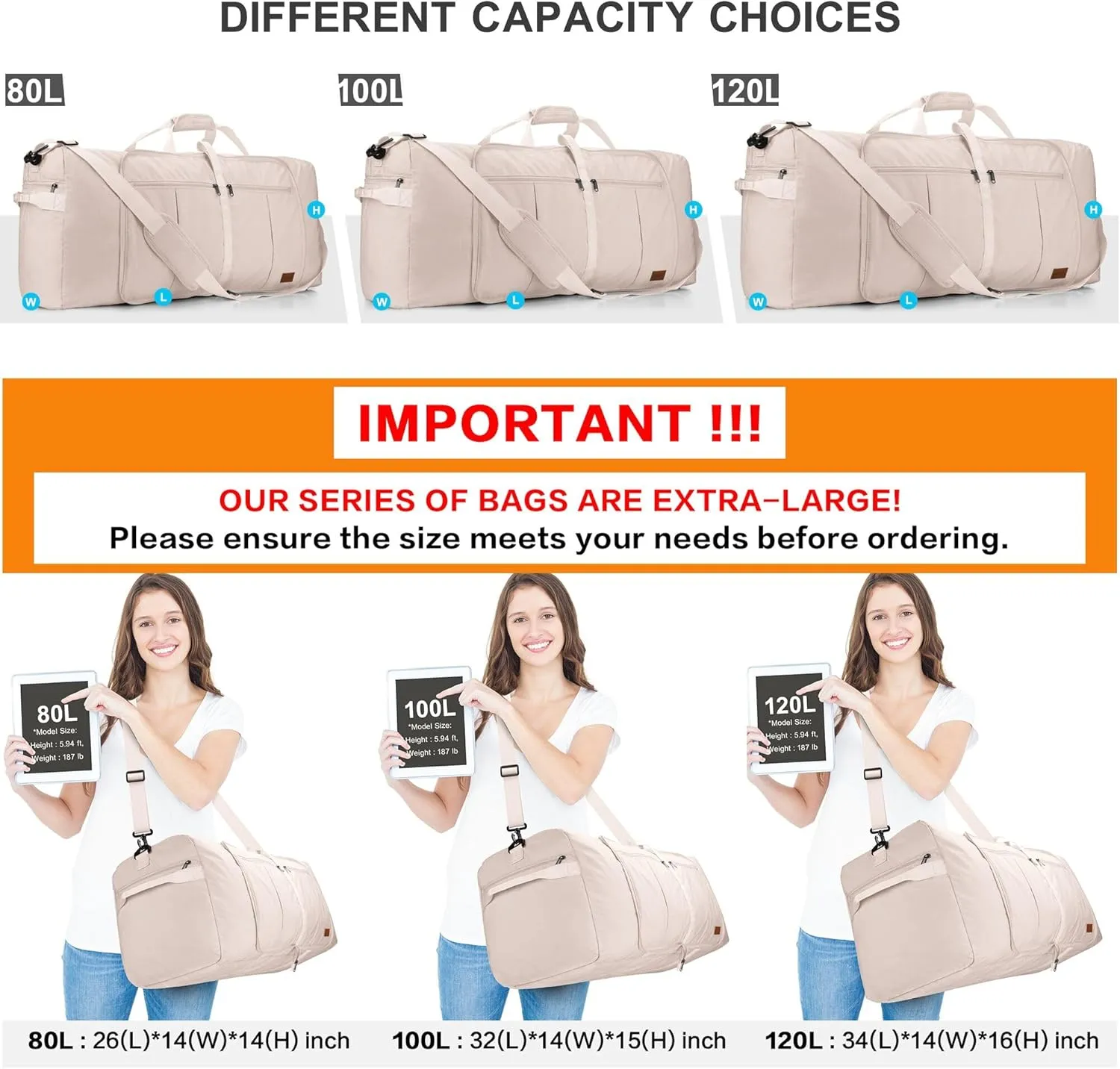 120L Travel Duffle Bag for Men and Women, Urtala 34 Large Duffle Bag for Traveling with Shoe Compartment, Foldable Duffel Bag Water & Tear Resistant (Beige)