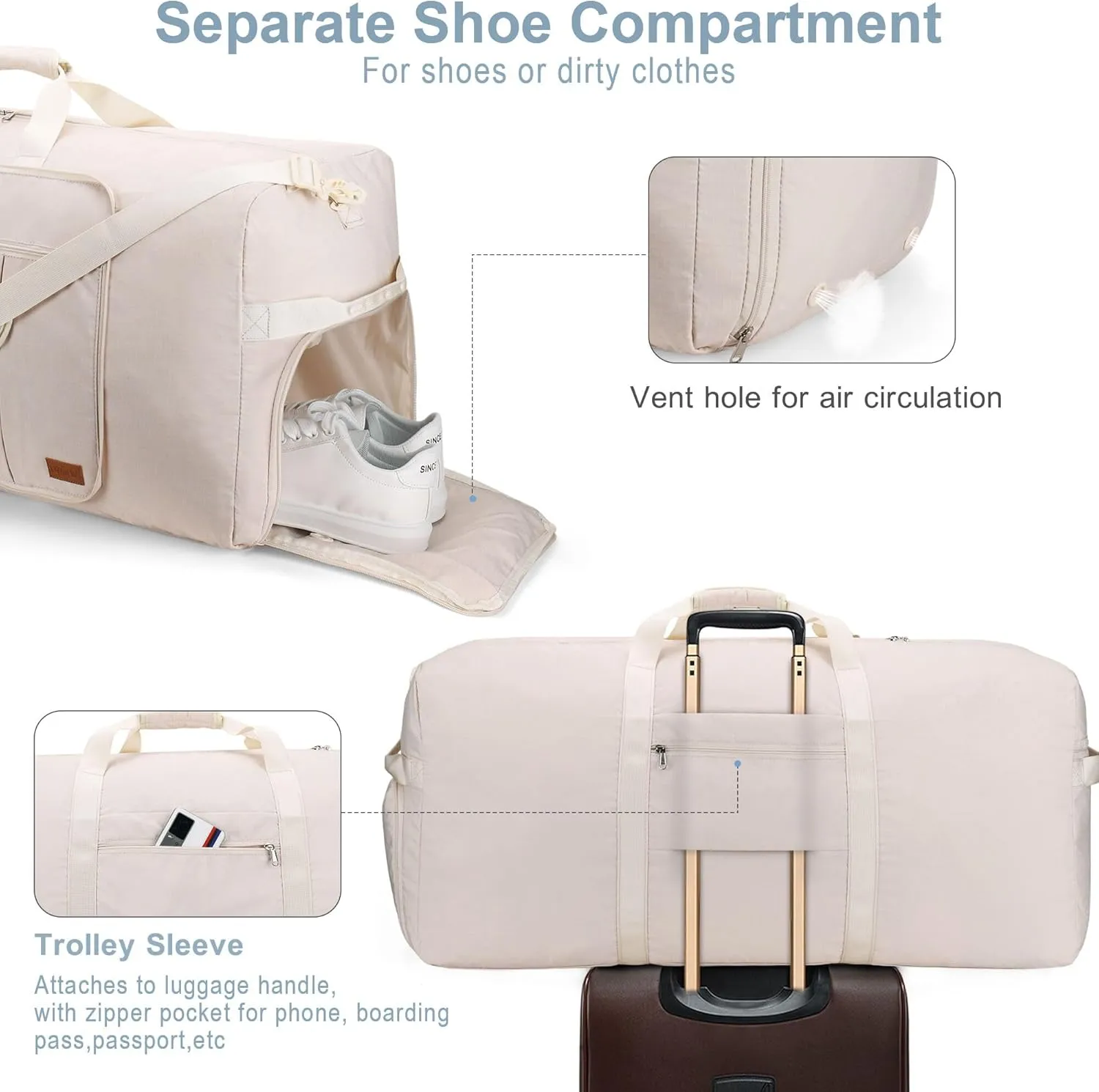 120L Travel Duffle Bag for Men and Women, Urtala 34 Large Duffle Bag for Traveling with Shoe Compartment, Foldable Duffel Bag Water & Tear Resistant (Beige)