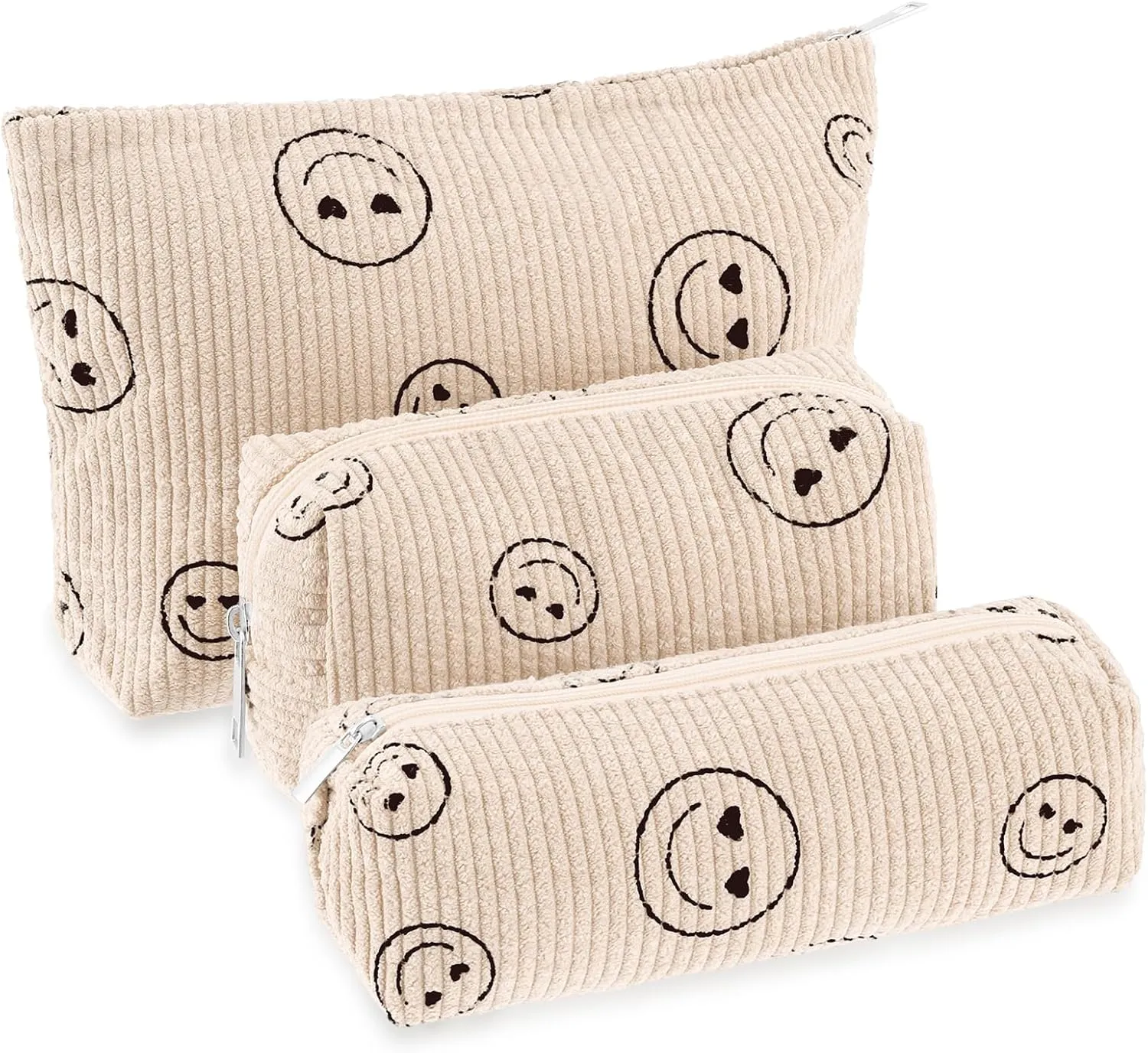 3 Pcs Makeup Bag Set for Women Corduroy Cosmetic Pouch Aesthetic Smile Travel Toiletry Bag Cute Purse Pouch Pencil Case Makeup Brushes Storage Organizer with Zipper(Beige,Smile Face)