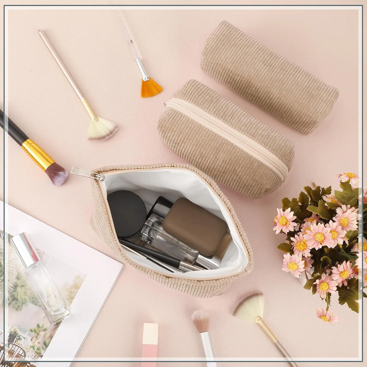 3 Pcs Makeup Bag Set for Women Corduroy Cosmetic Pouch Aesthetic Smile Travel Toiletry Bag Cute Purse Pouch Pencil Case Makeup Brushes Storage Organizer with Zipper(Khaki,Solid Style)