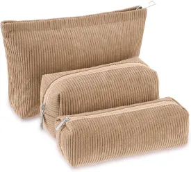 3 Pcs Makeup Bag Set for Women Corduroy Cosmetic Pouch Aesthetic Smile Travel Toiletry Bag Cute Purse Pouch Pencil Case Makeup Brushes Storage Organizer with Zipper(Khaki,Solid Style)