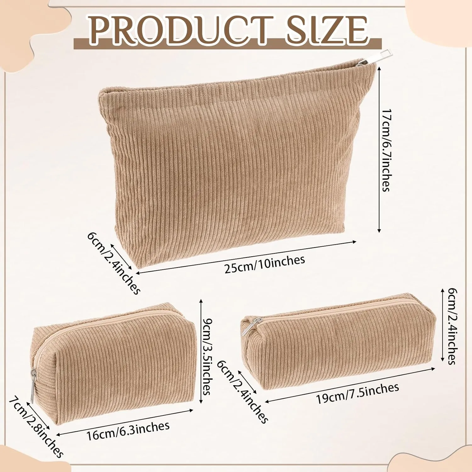 3 Pcs Makeup Bag Set for Women Corduroy Cosmetic Pouch Aesthetic Smile Travel Toiletry Bag Cute Purse Pouch Pencil Case Makeup Brushes Storage Organizer with Zipper(Khaki,Solid Style)