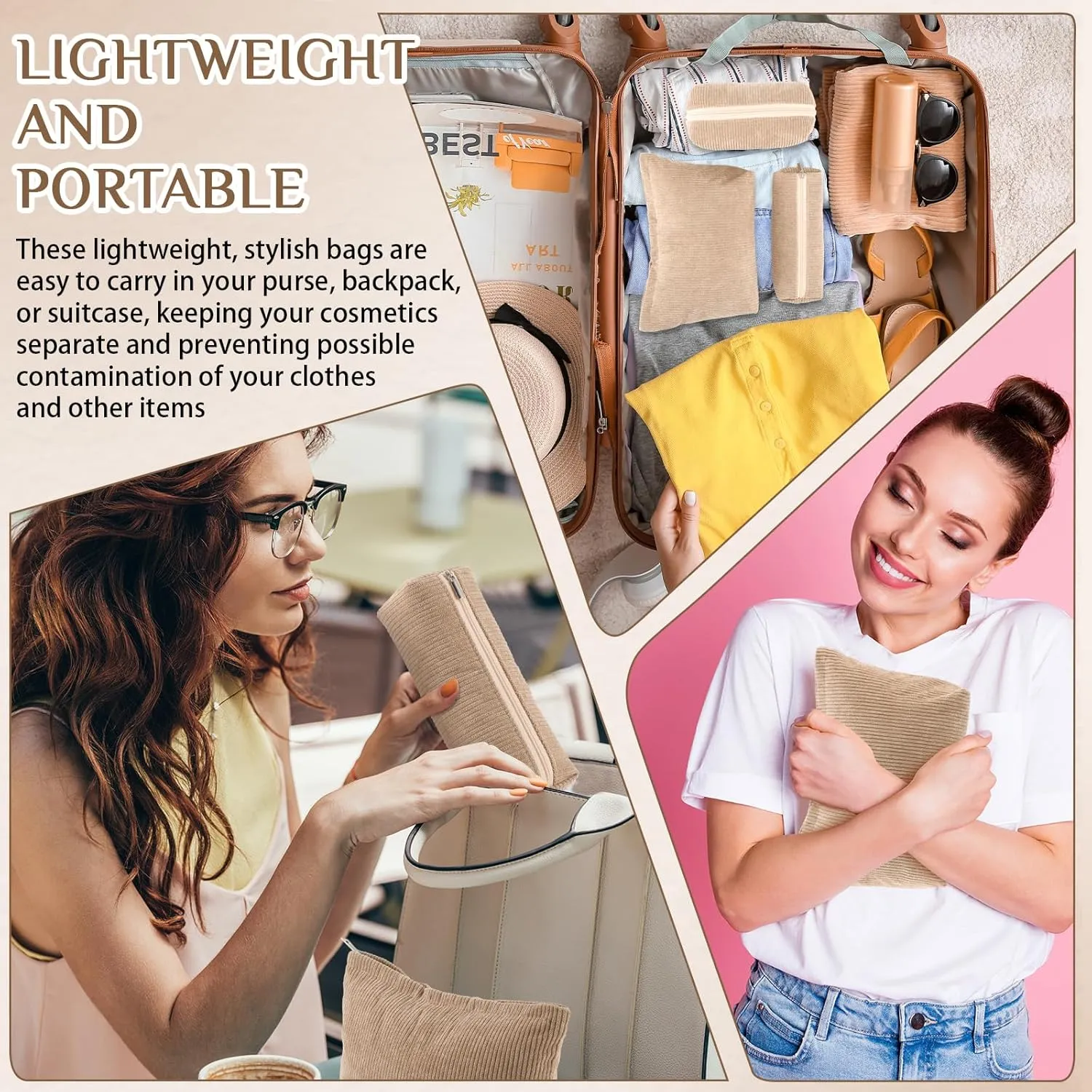 3 Pcs Makeup Bag Set for Women Corduroy Cosmetic Pouch Aesthetic Smile Travel Toiletry Bag Cute Purse Pouch Pencil Case Makeup Brushes Storage Organizer with Zipper(Khaki,Solid Style)