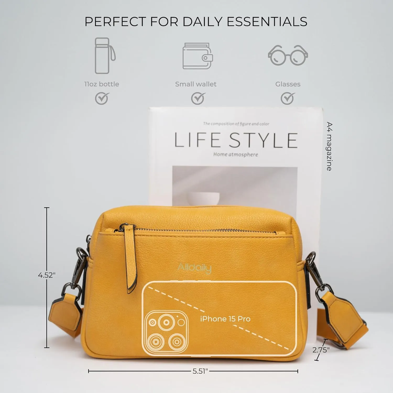 Alldaily Small Triple Zip Crossbody Purse for Women, Vegan Leather Phone Bag with Wide Shoulder Strap