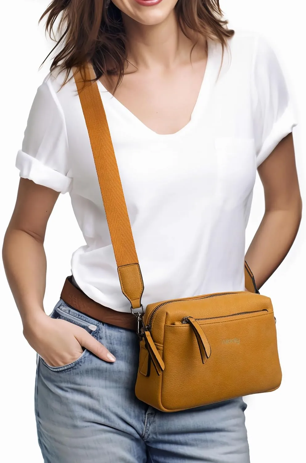 Alldaily Small Triple Zip Crossbody Purse for Women, Vegan Leather Phone Bag with Wide Shoulder Strap