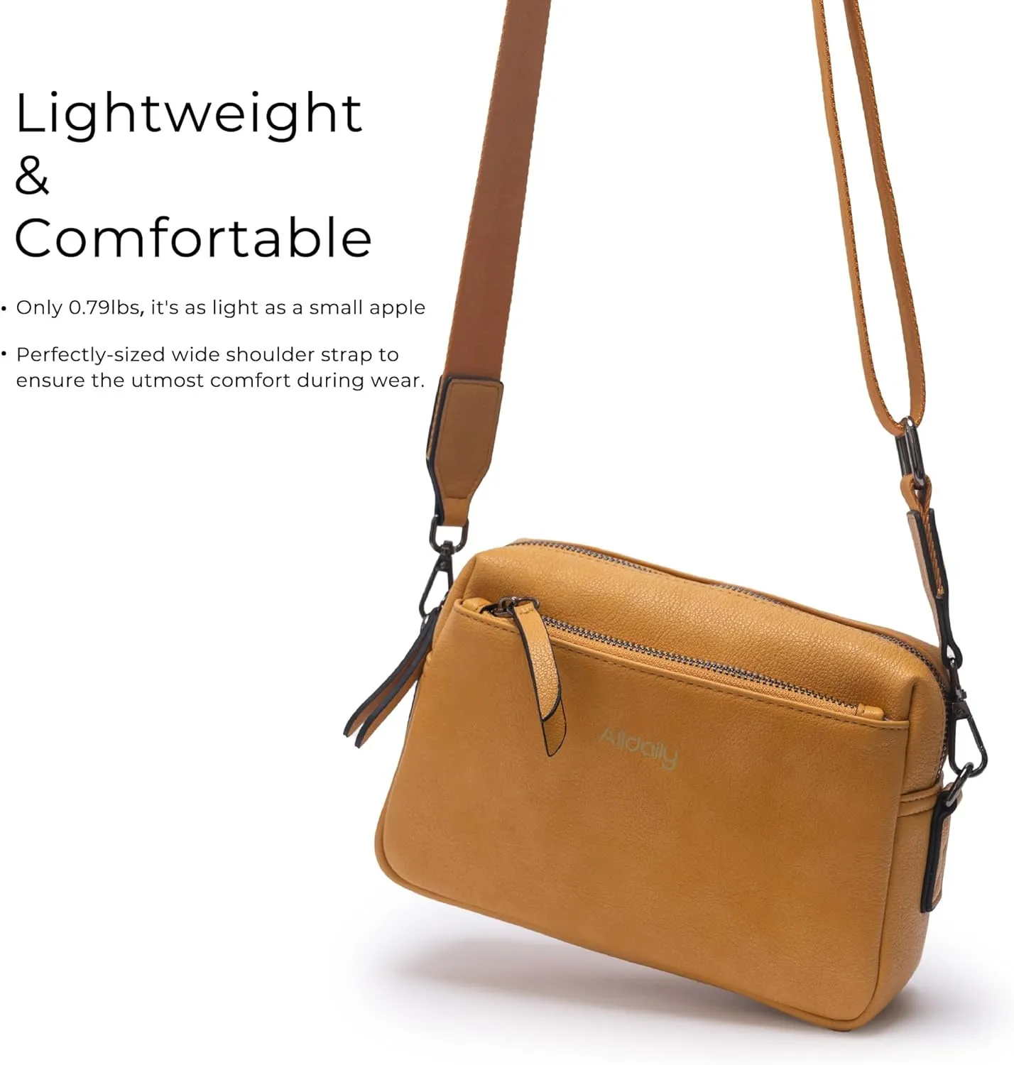 Alldaily Small Triple Zip Crossbody Purse for Women, Vegan Leather Phone Bag with Wide Shoulder Strap