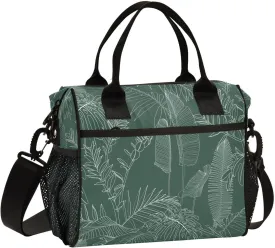 Aslsiy Lines Tropical Leaves Lunch Bag for Women Vintage Green Insulated Lunch Box Lunch Tote Bag for Office Picnic S