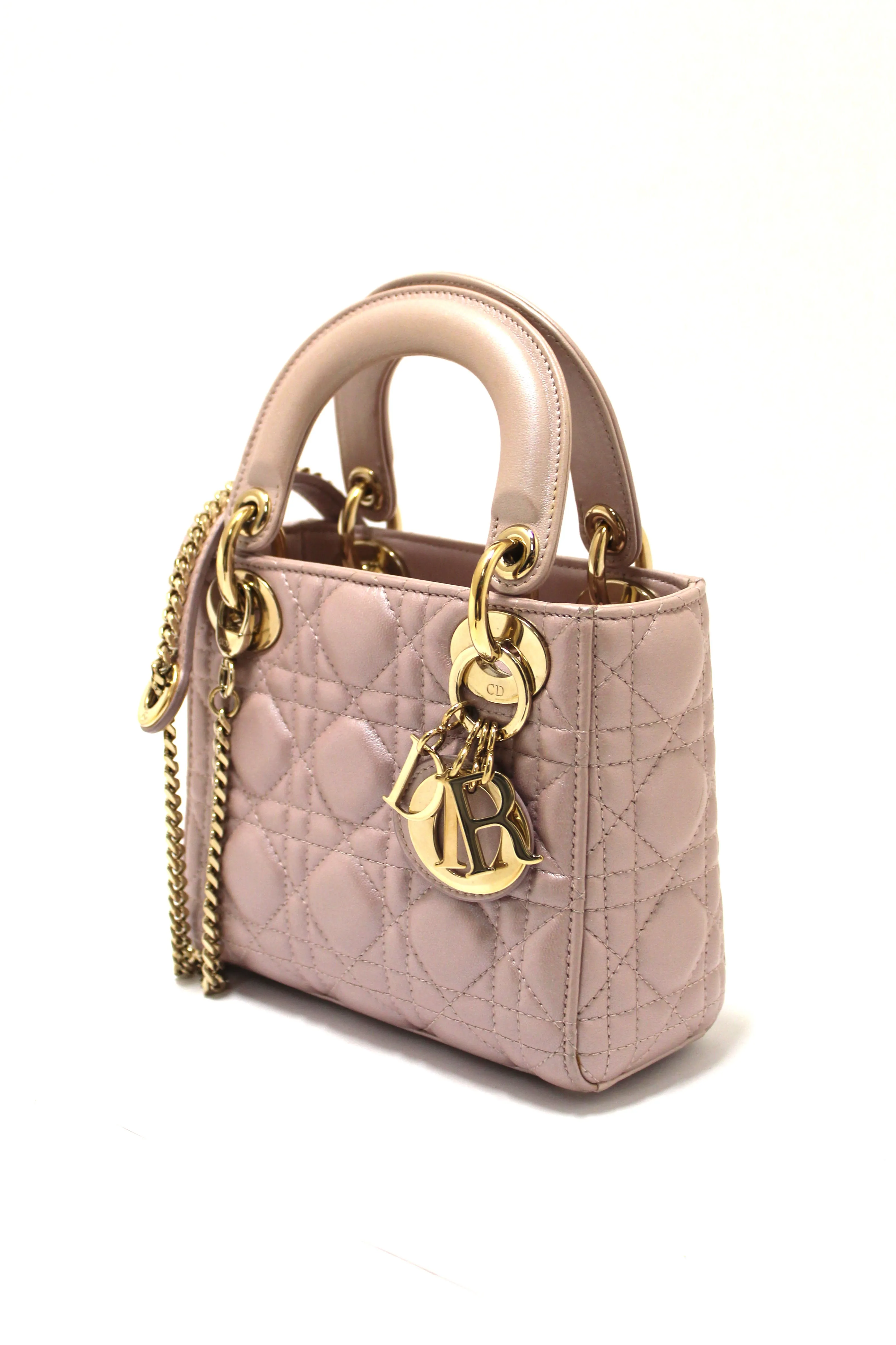 Authentic Christian Dior Metallic Powder Pink Cannage Lambskin Leather Mini Lady Dior Bag