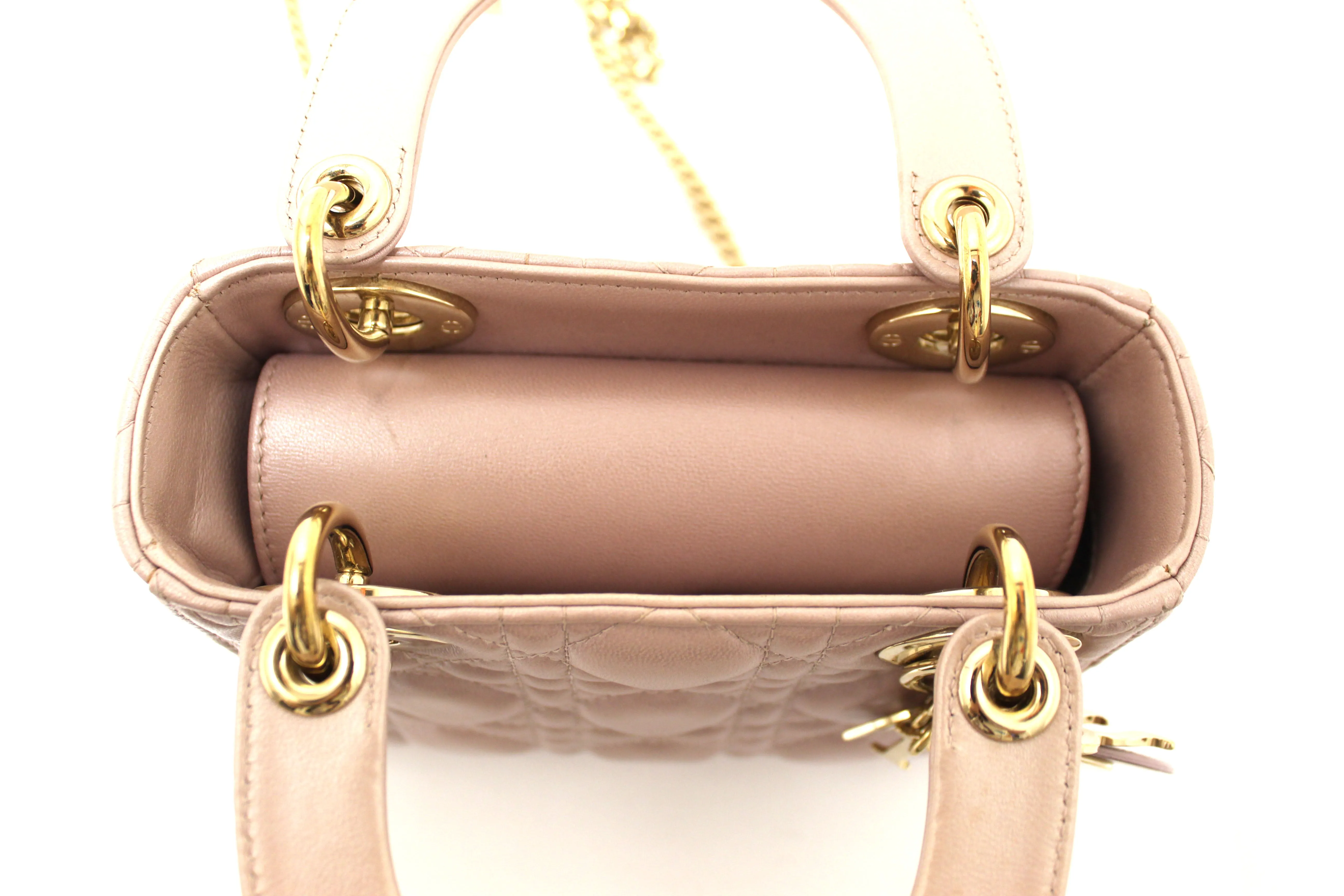 Authentic Christian Dior Metallic Powder Pink Cannage Lambskin Leather Mini Lady Dior Bag
