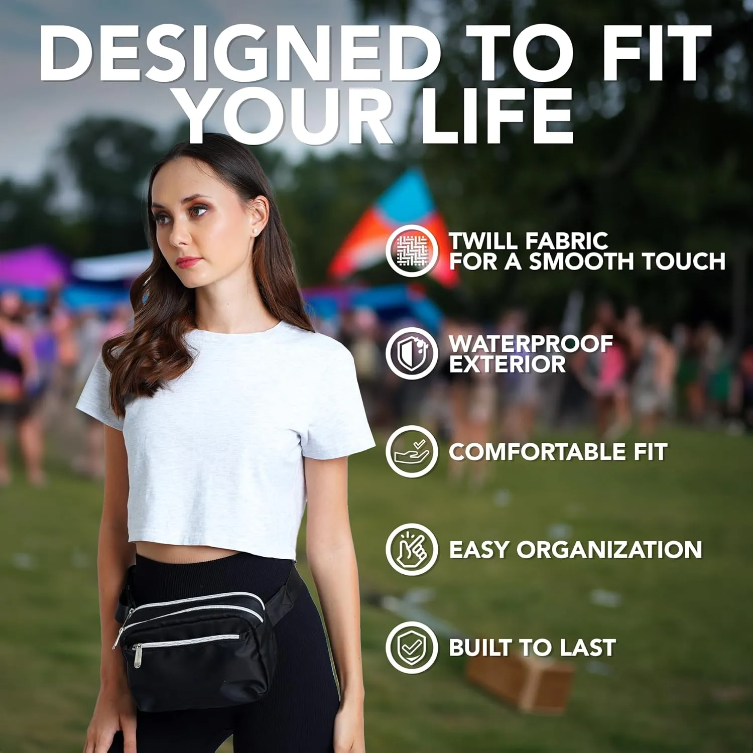 Black Fanny Pack Belt bag - Crossbody Waist Bag for Men or Women - Hands-Free, Waterproof Large Bumbag for Hiking, Running, and Travel