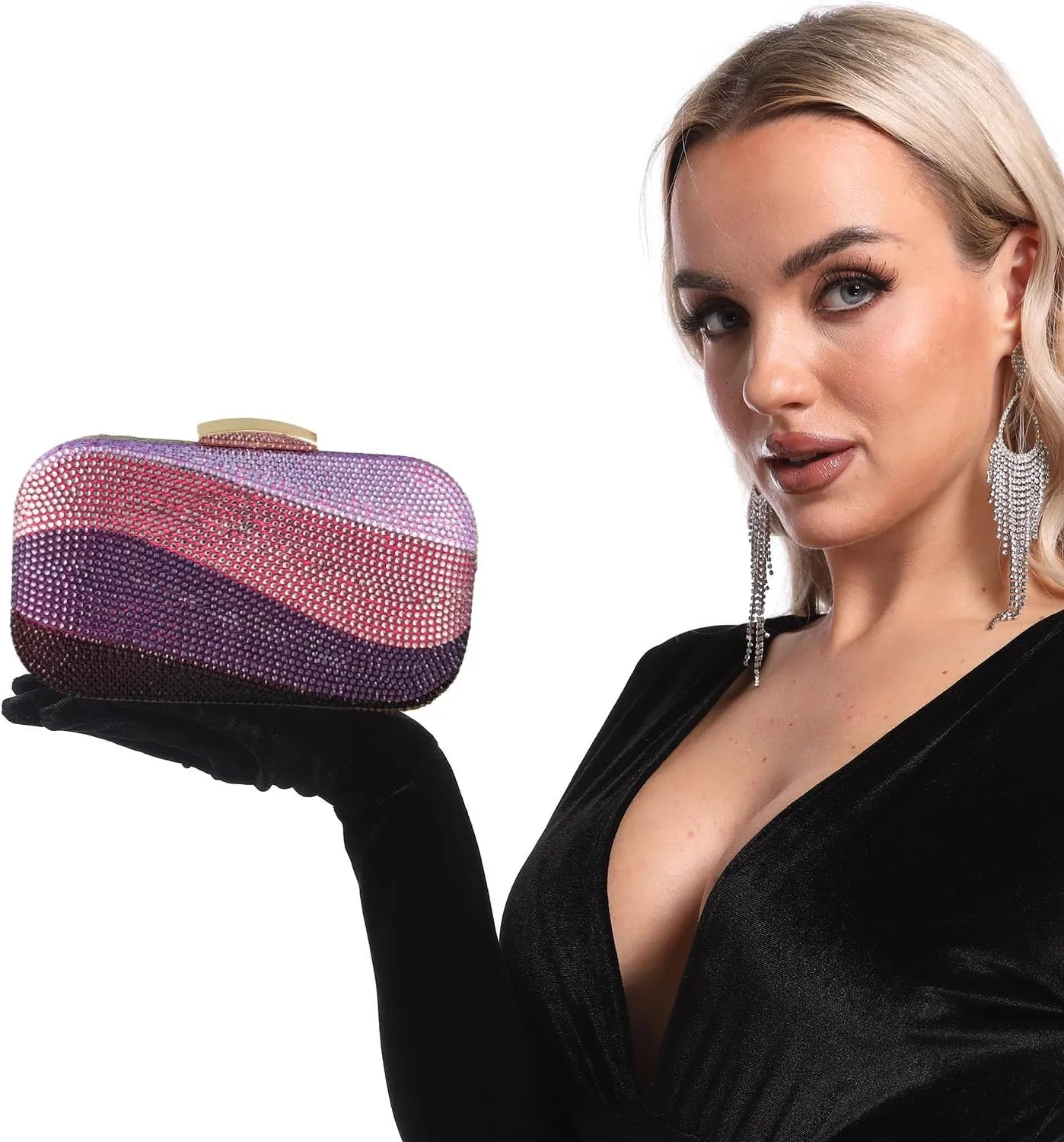 Boutique De FGG Sea Wave Luxury Crystal Clutch Evening Bags for Women Colorful Rhinestone Wedding Handbags and Purses