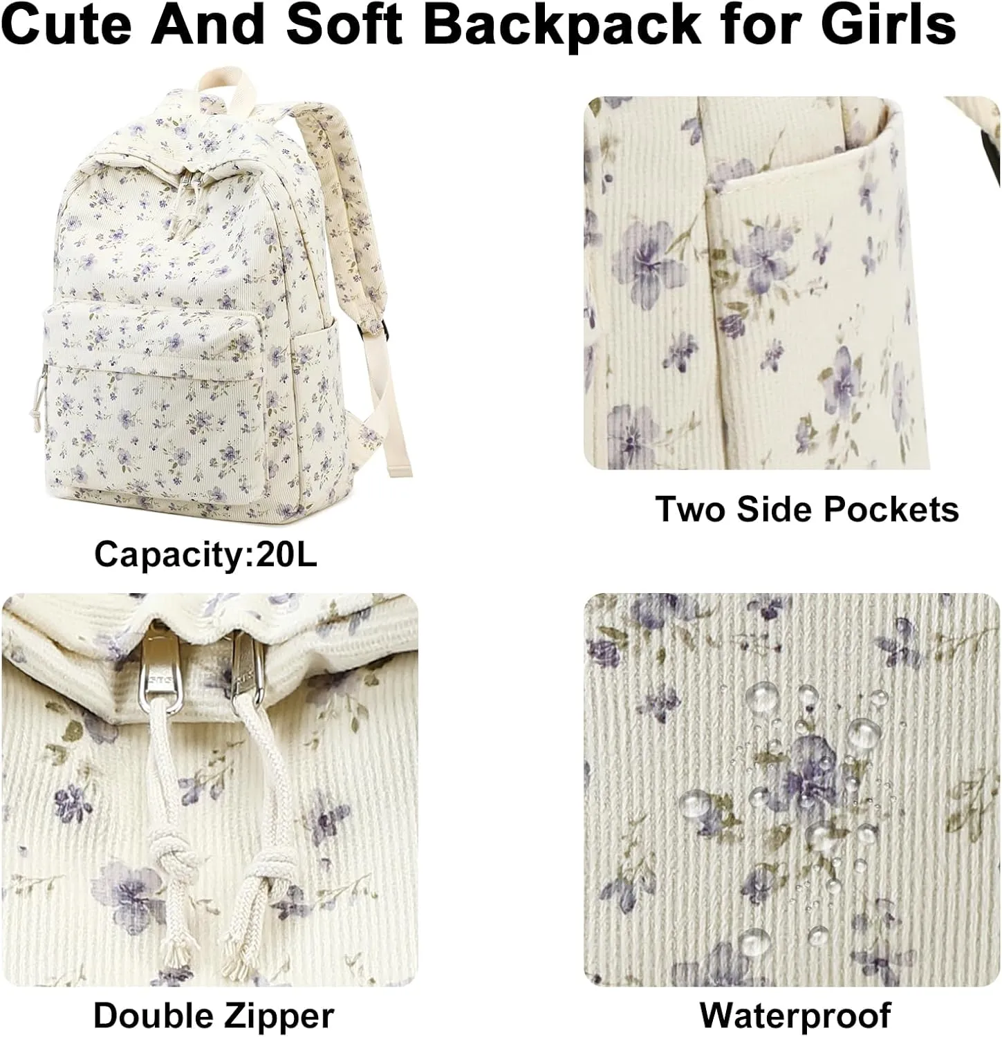 BTOOP School Backpack for Teens Large Corduroy Bookbag Lightweight Girls Boys Casual High School College 17 inch Laptop Travel Bag (Grace Purple Flower)
