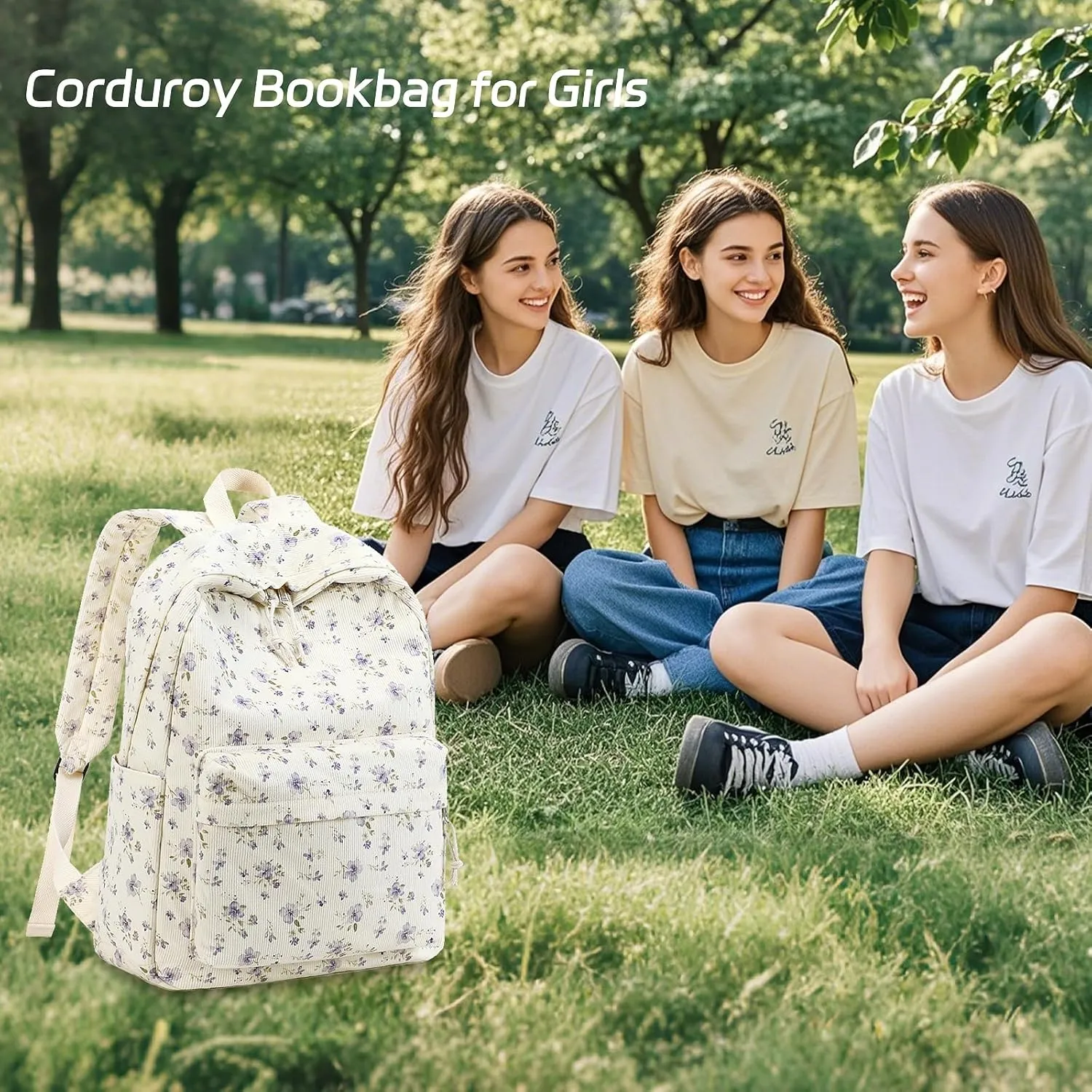 BTOOP School Backpack for Teens Large Corduroy Bookbag Lightweight Girls Boys Casual High School College 17 inch Laptop Travel Bag (Grace Purple Flower)