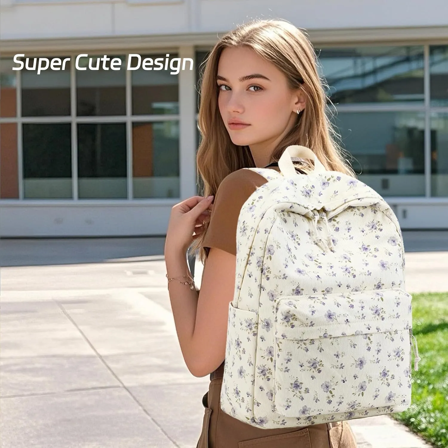 BTOOP School Backpack for Teens Large Corduroy Bookbag Lightweight Girls Boys Casual High School College 17 inch Laptop Travel Bag (Grace Purple Flower)