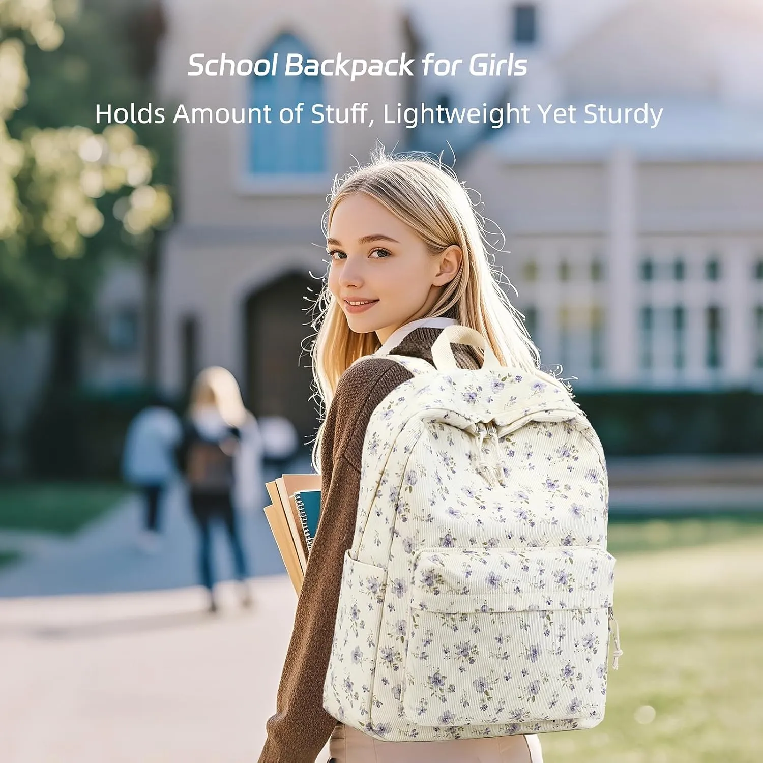 BTOOP School Backpack for Teens Large Corduroy Bookbag Lightweight Girls Boys Casual High School College 17 inch Laptop Travel Bag (Grace Purple Flower)