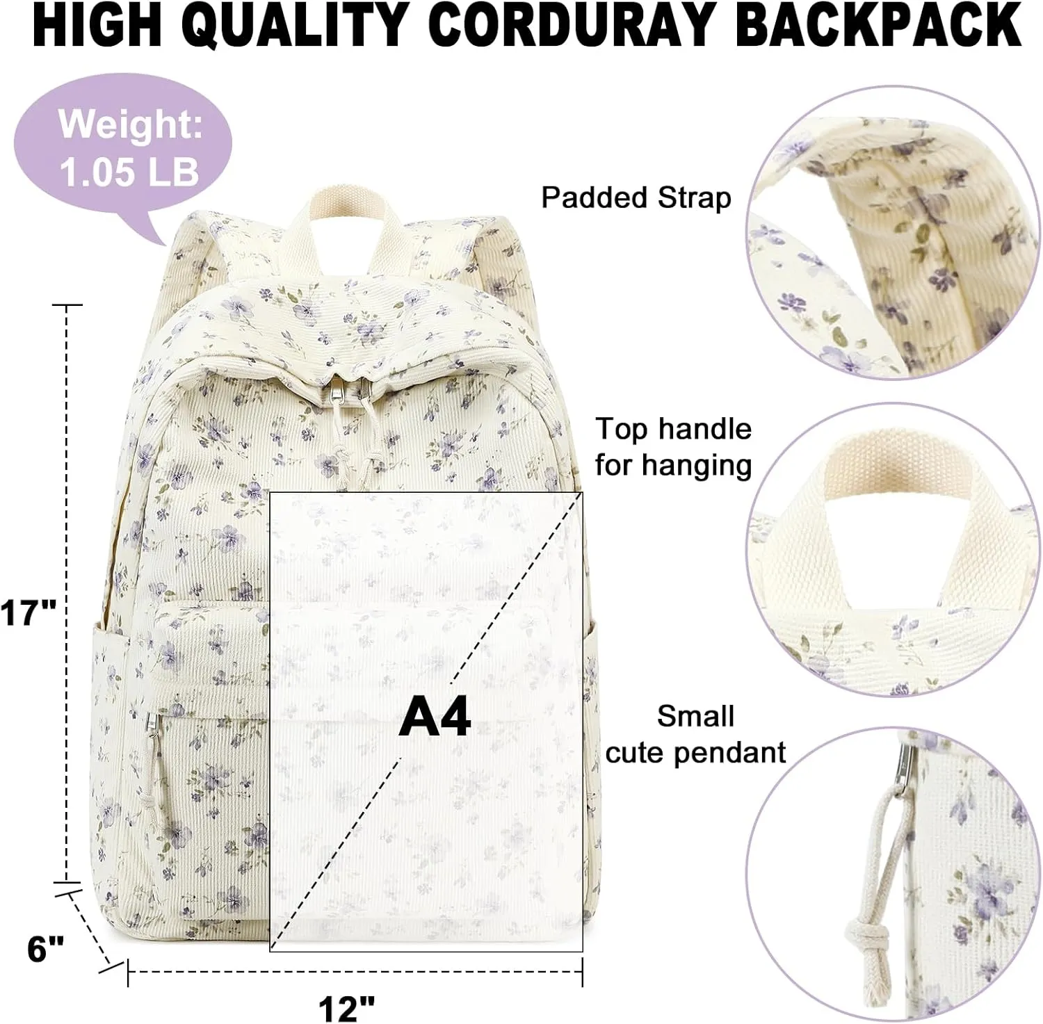 BTOOP School Backpack for Teens Large Corduroy Bookbag Lightweight Girls Boys Casual High School College 17 inch Laptop Travel Bag (Grace Purple Flower)