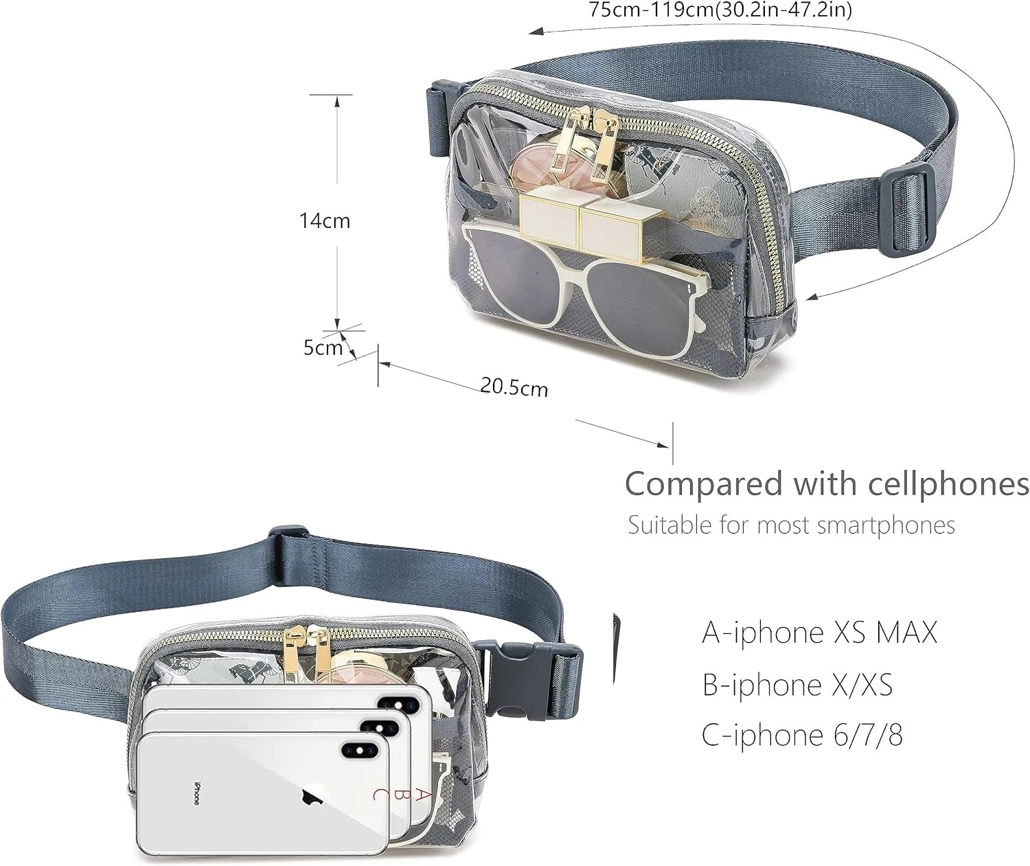 Clear Belt Bag Clear fanny pack stadium approved for Women Men with Adjustable Strap Clear Crossbody Bag Waist Bag for Concerts Sports Travelling Hiking Running (BLUE)