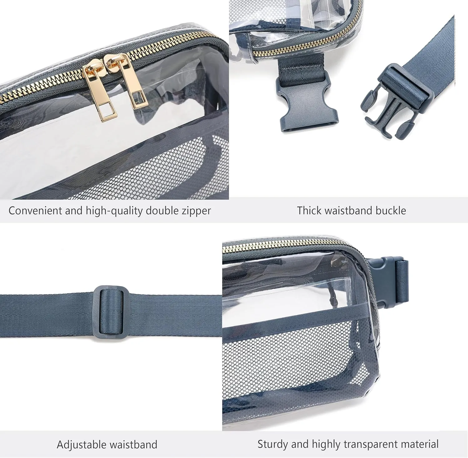 Clear Belt Bag Clear fanny pack stadium approved for Women Men with Adjustable Strap Clear Crossbody Bag Waist Bag for Concerts Sports Travelling Hiking Running (BLUE)