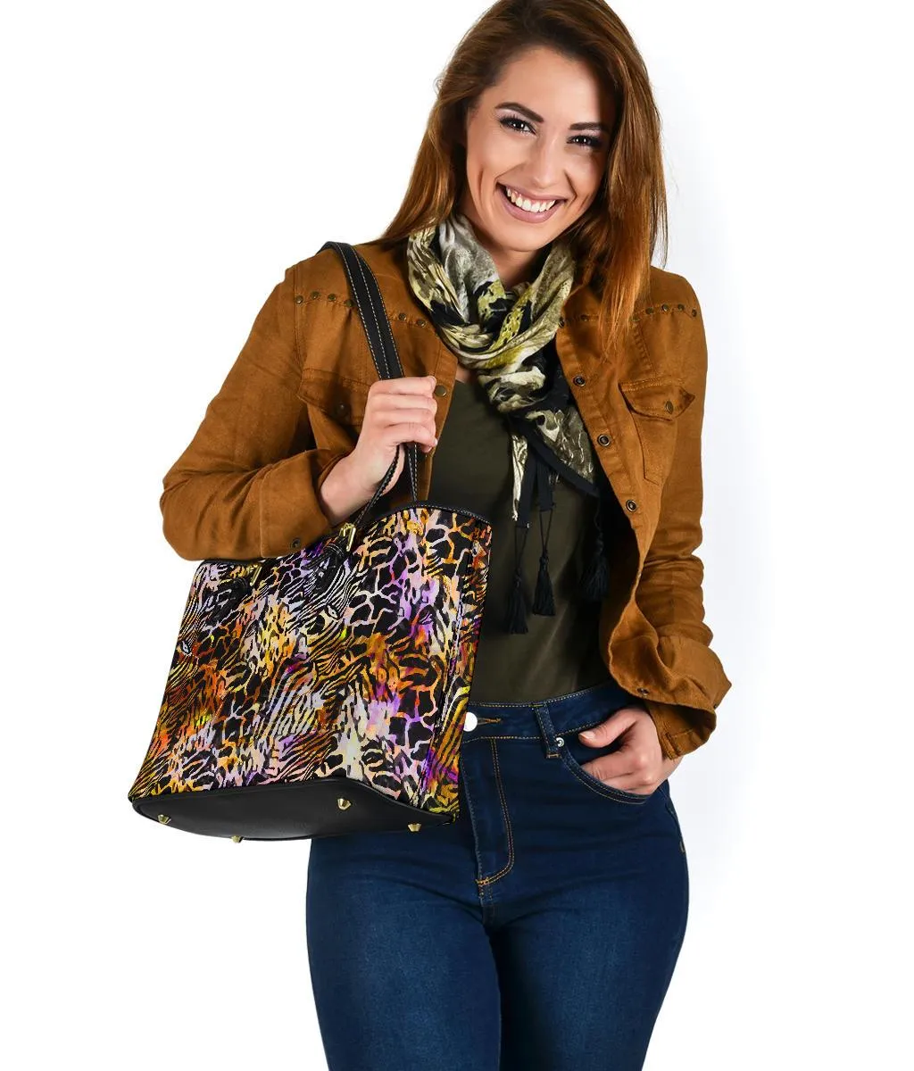 Custom Tote Bag (Vegan Leather) - Distressed Animal Print #101 | Vegan Shoulder Tote Handbag, Shoulder Bags for Women, Over the Shoulder Bag
