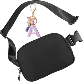 Fanny Pack for Women and Men,Mini Black Belt Bag,Fashionable Small Waist Pack Crossbody Bag and Initial Letter Butterfly Keychains for Traveling,Running,Hiking,Jogging,Cycling(Belt Bag-A)