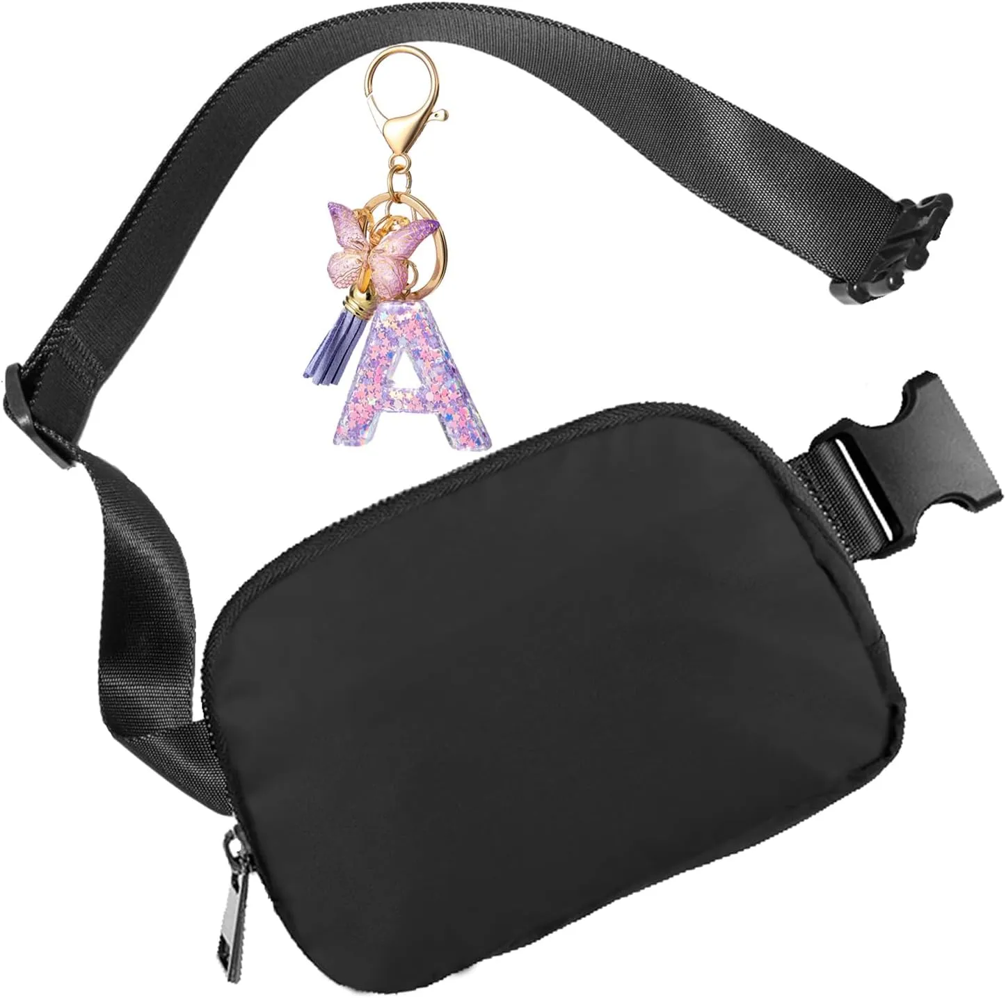 Fanny Pack for Women and Men,Mini Black Belt Bag,Fashionable Small Waist Pack Crossbody Bag and Initial Letter Butterfly Keychains for Traveling,Running,Hiking,Jogging,Cycling(Belt Bag-A)