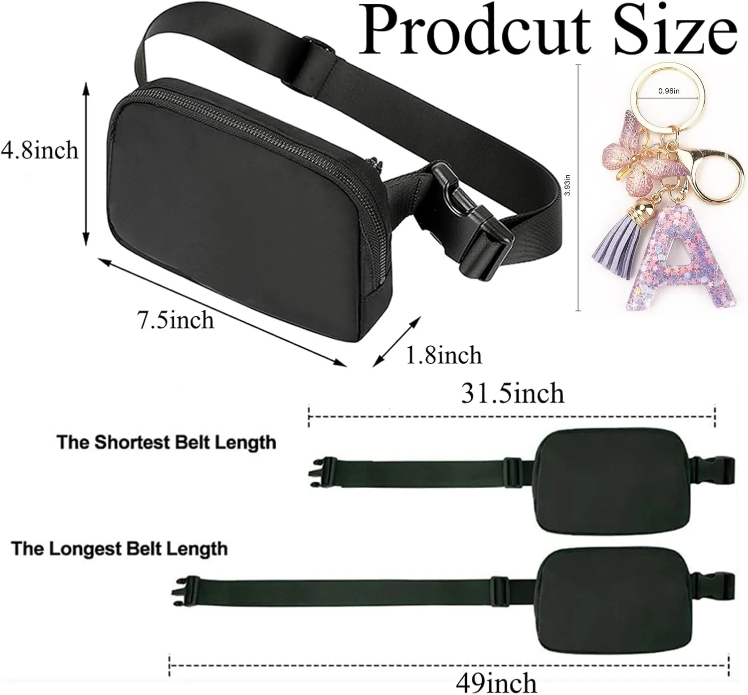 Fanny Pack for Women and Men,Mini Black Belt Bag,Fashionable Small Waist Pack Crossbody Bag and Initial Letter Butterfly Keychains for Traveling,Running,Hiking,Jogging,Cycling(Belt Bag-A)