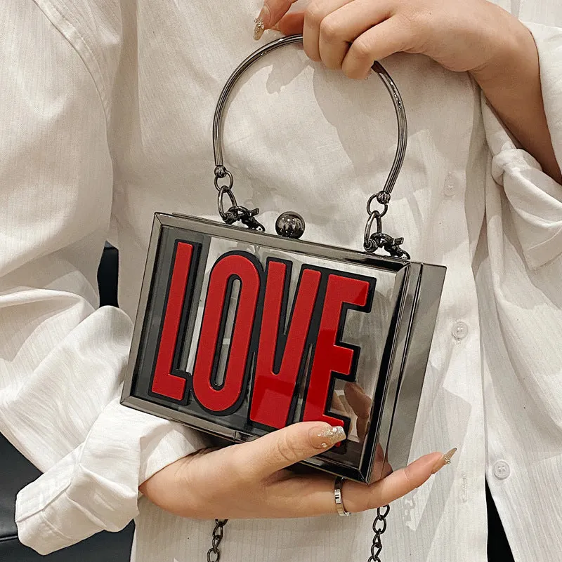 fashion letter pattern metal chain handle transparent square messenger bag 17*12*4cm