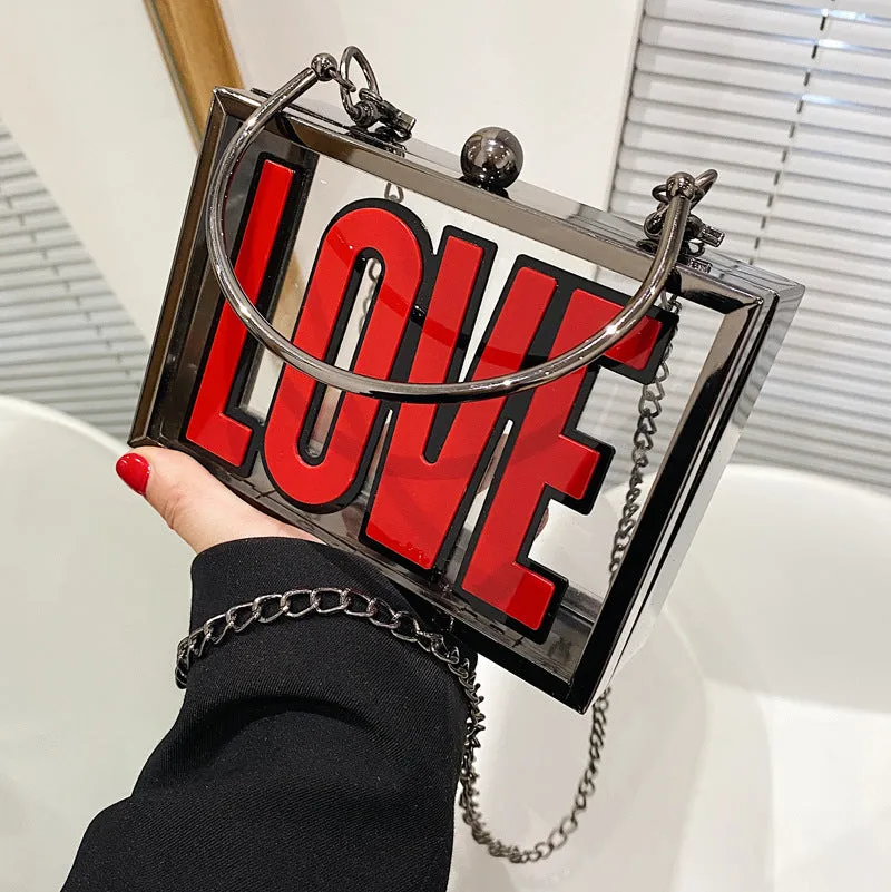 fashion letter pattern metal chain handle transparent square messenger bag 17*12*4cm