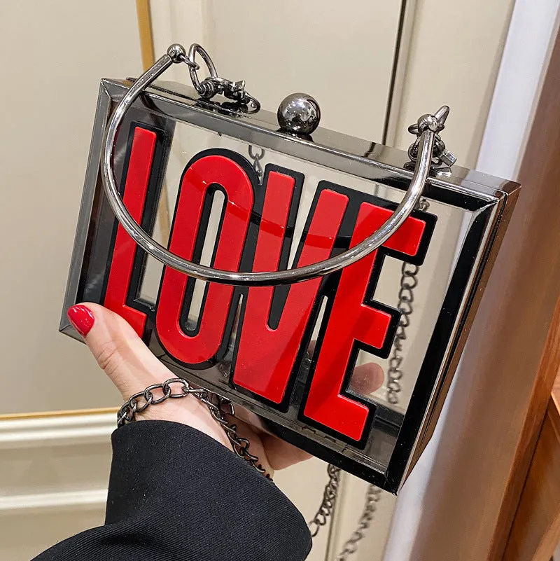 fashion letter pattern metal chain handle transparent square messenger bag 17*12*4cm