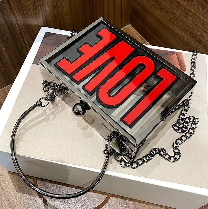 fashion letter pattern metal chain handle transparent square messenger bag 17*12*4cm