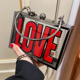fashion letter pattern metal chain handle transparent square messenger bag 17*12*4cm