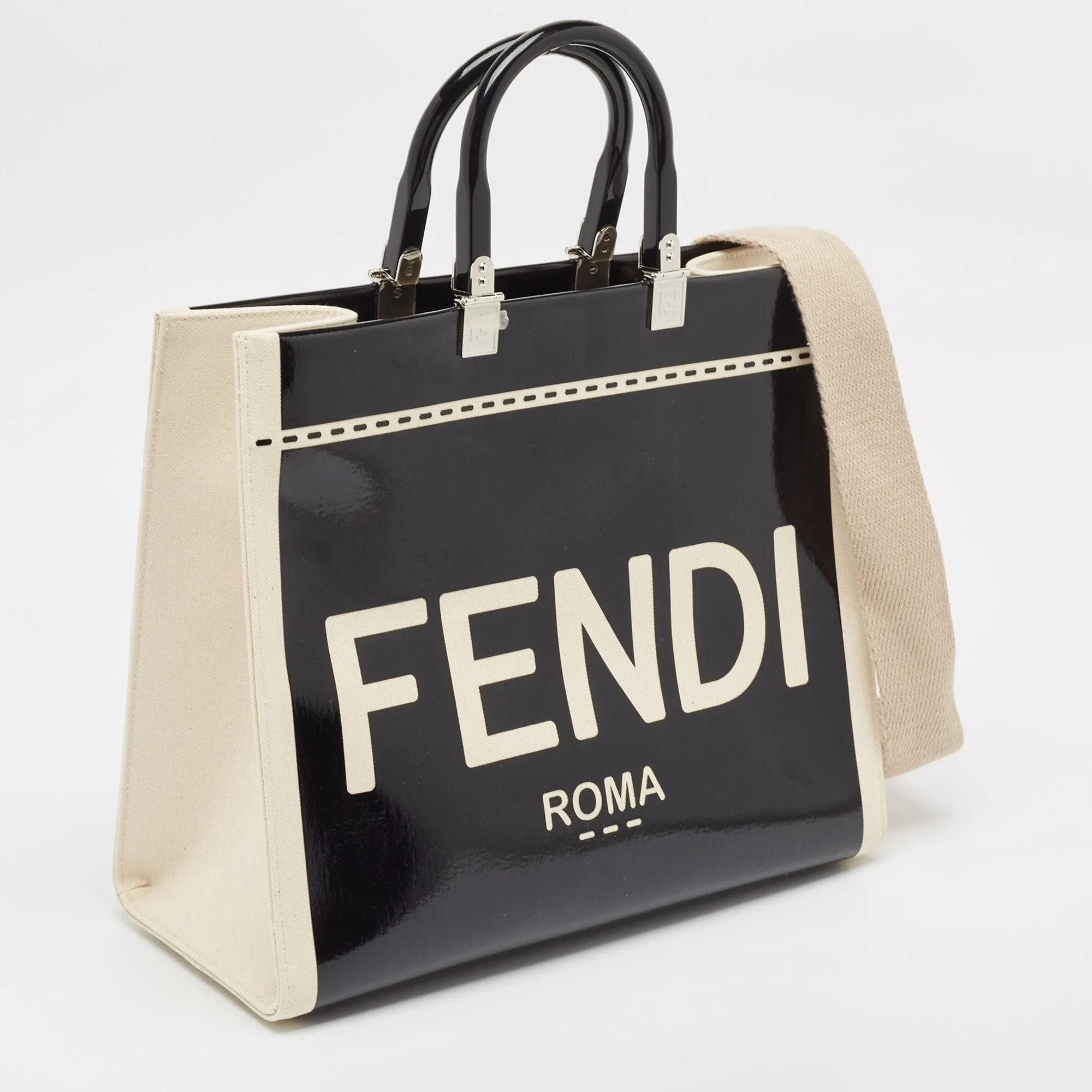 Fendi Black/off White Canvas And Patent Leather Medium Sunshine Shopper Tote