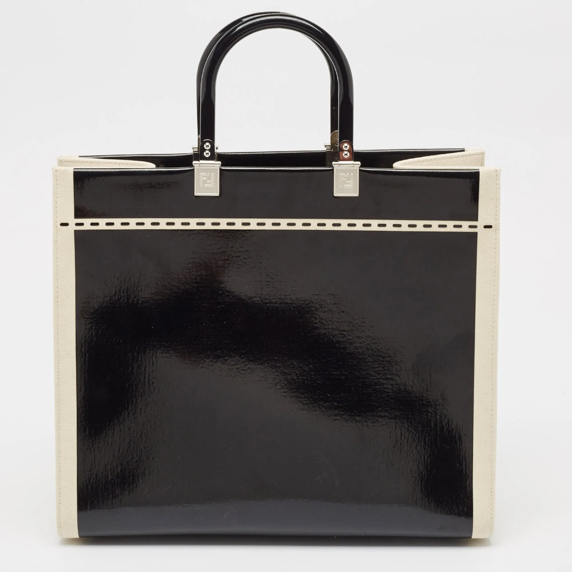 Fendi Black/off White Canvas And Patent Leather Medium Sunshine Shopper Tote