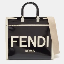 Fendi Black/off White Canvas And Patent Leather Medium Sunshine Shopper Tote