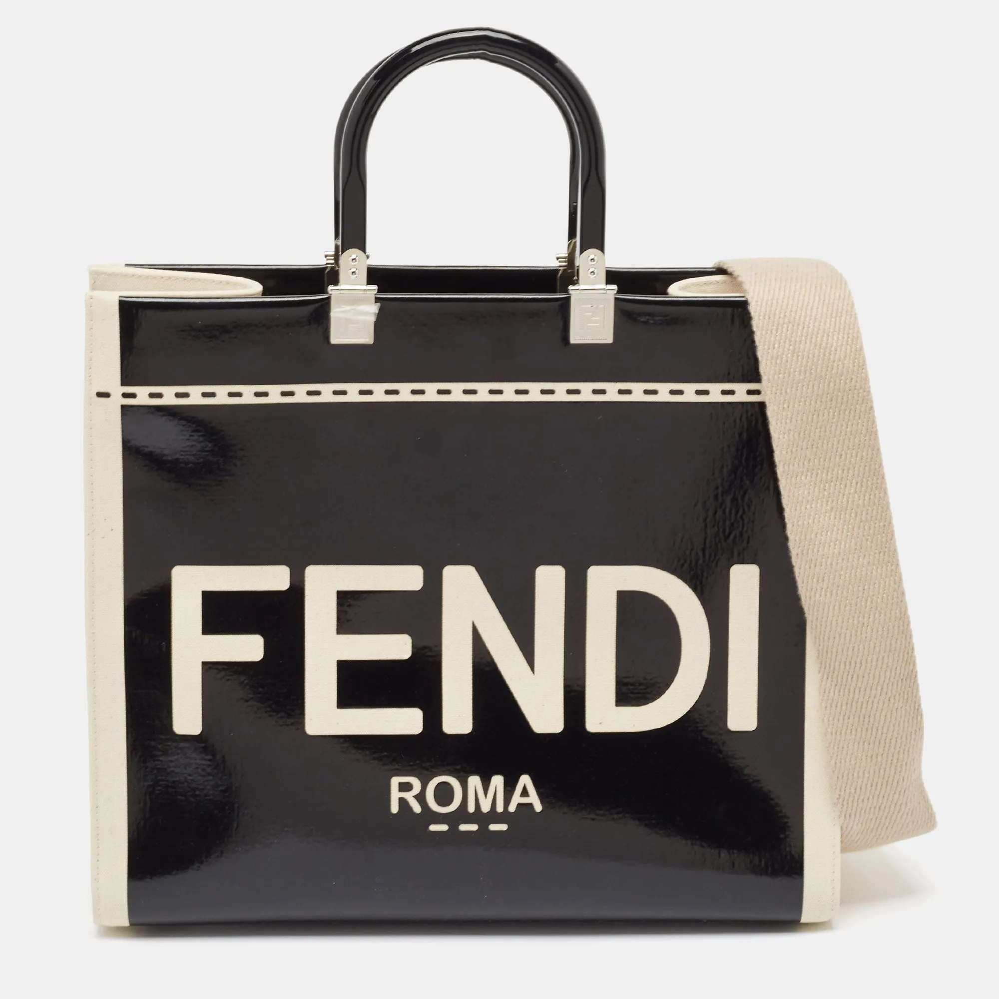 Fendi Black/off White Canvas And Patent Leather Medium Sunshine Shopper Tote