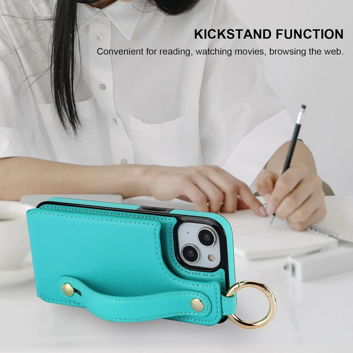 Folosu for iPhone 13/14 Wallet Case with Card Holder, Hand Wrist Strap Loop Holder Kickstand, RFID Blocking Finger Grip Ring PU Leather Double Buttons Shockproof Cover 6.1" Green