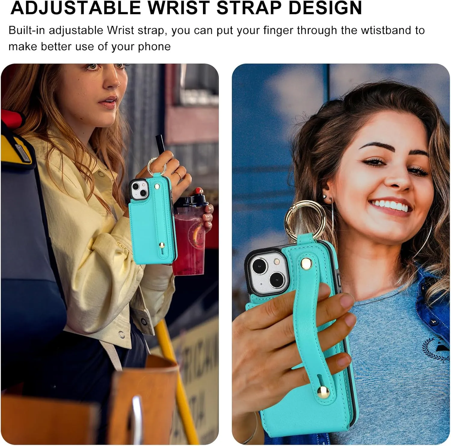 Folosu for iPhone 13/14 Wallet Case with Card Holder, Hand Wrist Strap Loop Holder Kickstand, RFID Blocking Finger Grip Ring PU Leather Double Buttons Shockproof Cover 6.1" Green
