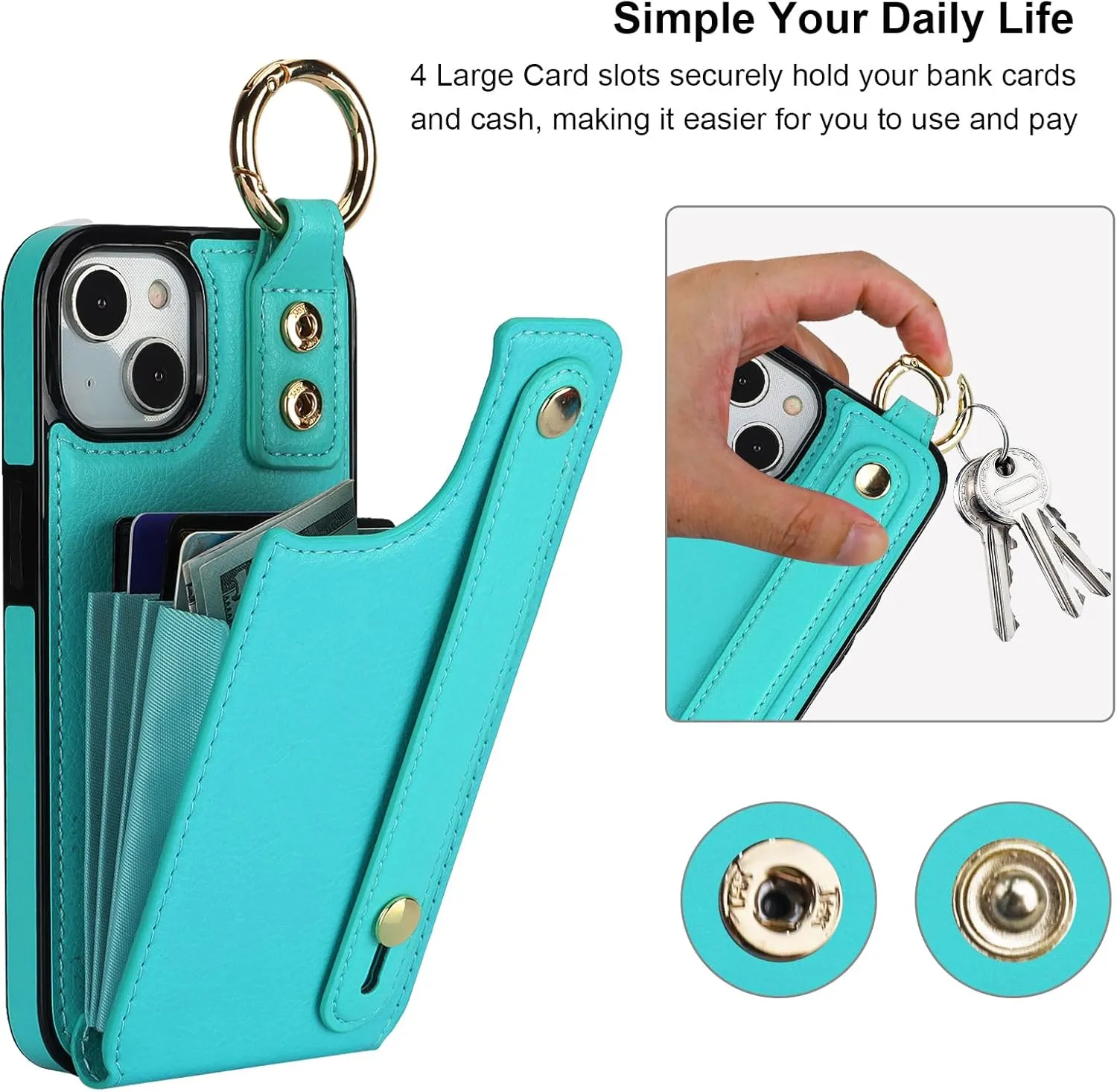 Folosu for iPhone 13/14 Wallet Case with Card Holder, Hand Wrist Strap Loop Holder Kickstand, RFID Blocking Finger Grip Ring PU Leather Double Buttons Shockproof Cover 6.1" Green