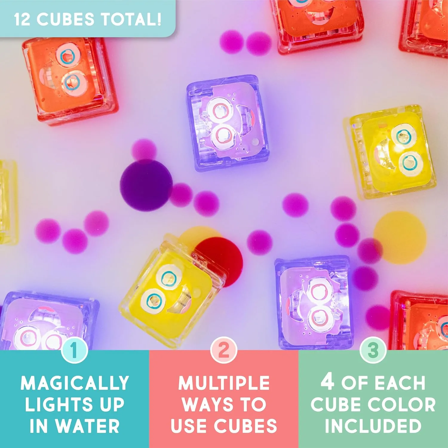 Glo Pals Water-Activated Light-Up Cubes Bundle for Sensory Play (Wacky Wild West  Purple, Yellow   Red)