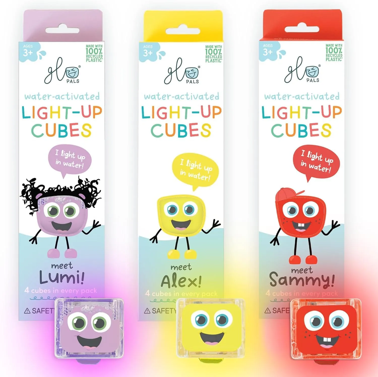 Glo Pals Water-Activated Light-Up Cubes Bundle for Sensory Play (Wacky Wild West  Purple, Yellow   Red)