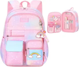 Gradient Rainbow Kids Backpack for Girls Elementary School Heart-Print Kids Bookbag School Bag with Compartments