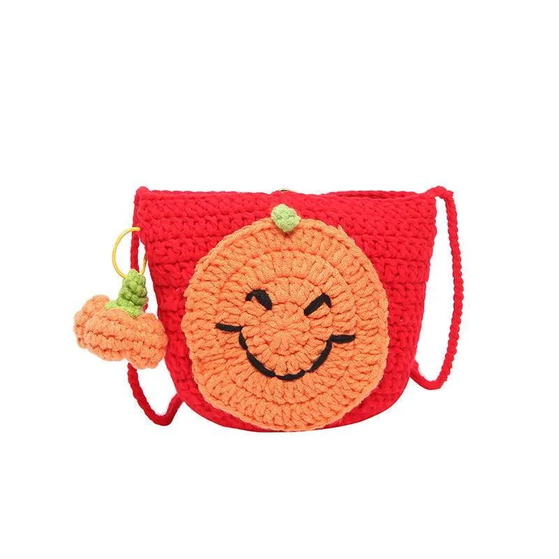 Halloween Handmade Wool Bat & Pumpkin Woven Shoulder Messenger Bag