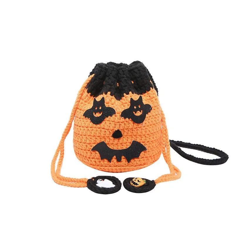 Halloween Handmade Wool Bat & Pumpkin Woven Shoulder Messenger Bag