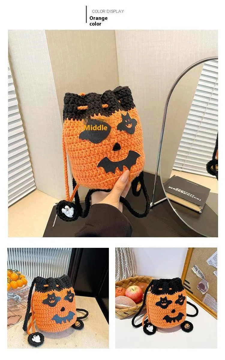 Halloween Handmade Wool Bat & Pumpkin Woven Shoulder Messenger Bag