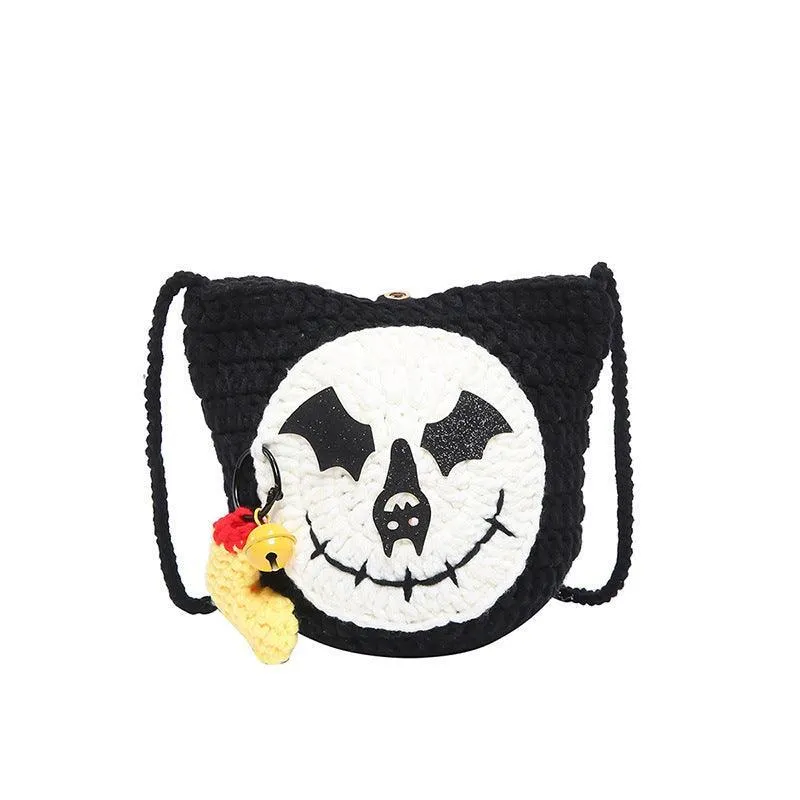 Halloween Handmade Wool Bat & Pumpkin Woven Shoulder Messenger Bag