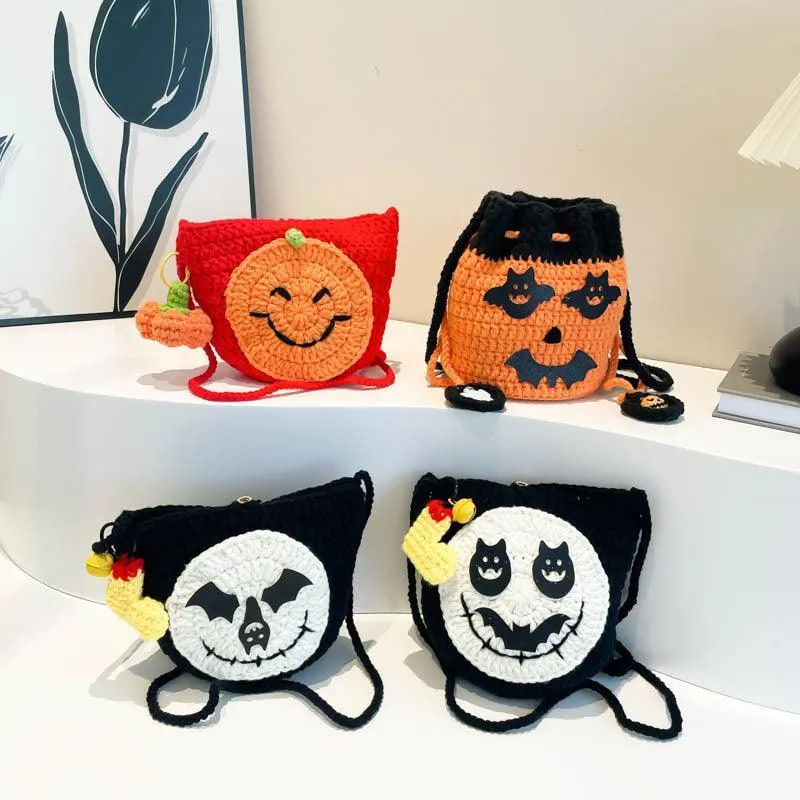 Halloween Handmade Wool Bat & Pumpkin Woven Shoulder Messenger Bag