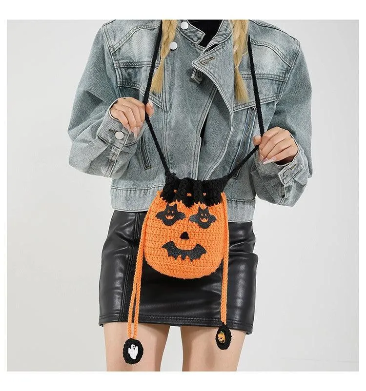 Halloween Handmade Wool Bat & Pumpkin Woven Shoulder Messenger Bag